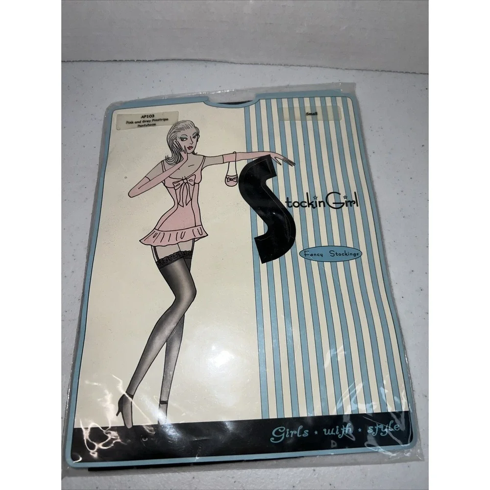 Stockin Girl Fancy Stockings Pantyhose Retro Stockings Small Pink Gray Pinstripe